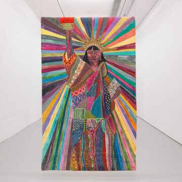 Pacita Abad, L.A. Liberty (1992) Acrylic, cotton yarn, plastic buttons, mirrors, gold thread, painted cloth on stitched and padded canvas. Work courtesy the Pacita Abad Art Estate.
