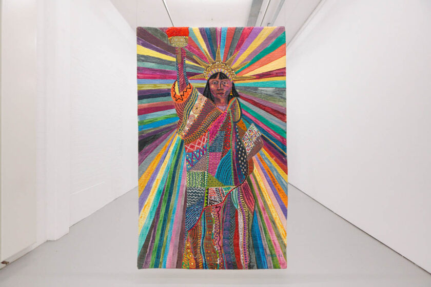 Pacita Abad, L.A. Liberty (1992) Acrylic, cotton yarn, plastic buttons, mirrors, gold thread, painted cloth on stitched and padded canvas. Work courtesy the Pacita Abad Art Estate.