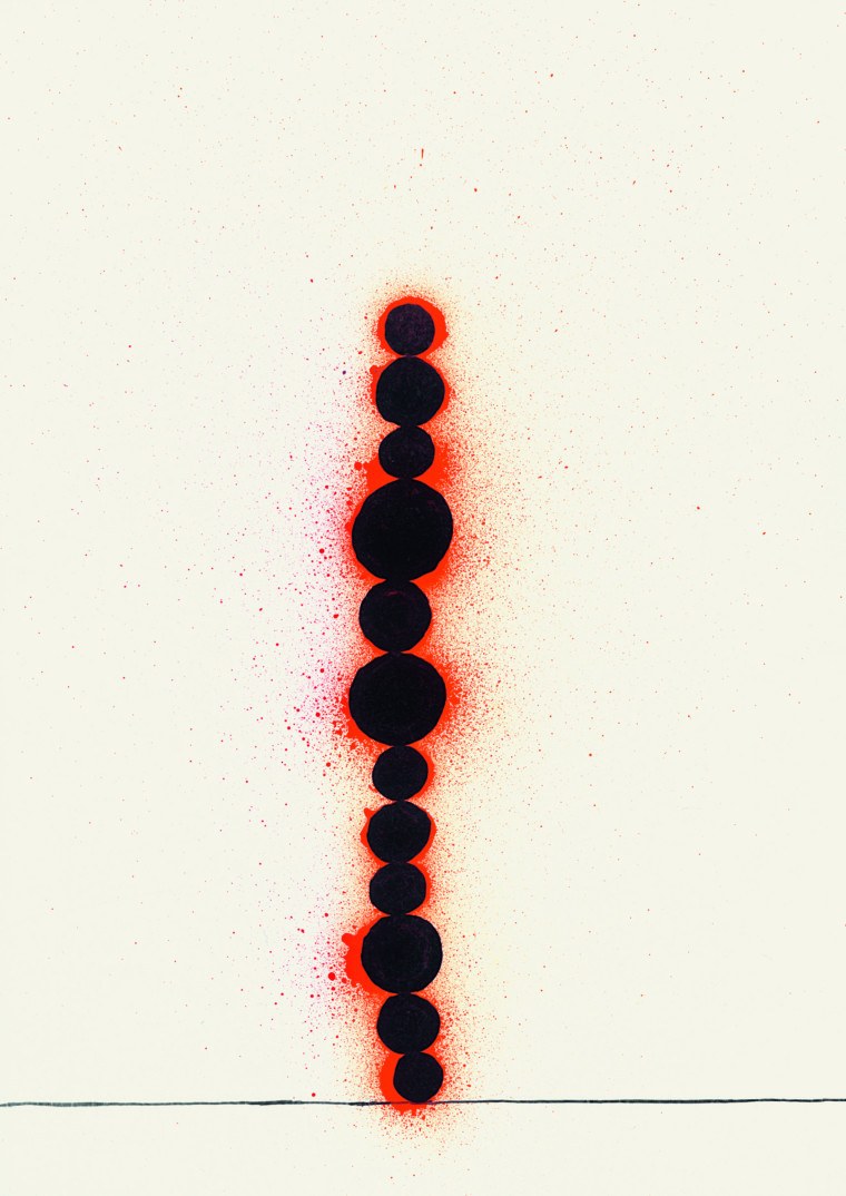 Upon a thin black line that crosses the width of the page 12 black circles of different sizes are stacked on top of each other with neon orange spray painted circles behind them.