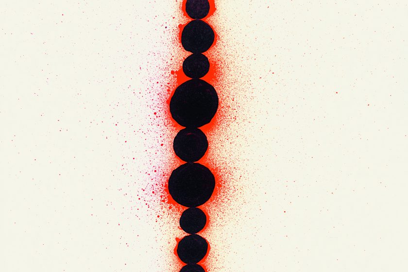 Upon a thin black line that crosses the width of the page 12 black circles of different sizes are stacked on top of each other with neon orange spray painted circles behind them.