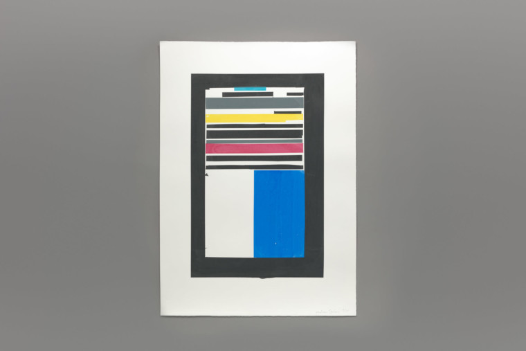 A rectangle with various rectangles of colours and sizes ordered within it. From the top there are horizontal strips of aqua, white, black, grey, yellow, and pink and halfway down there is a vertical strip of white and royal blue.