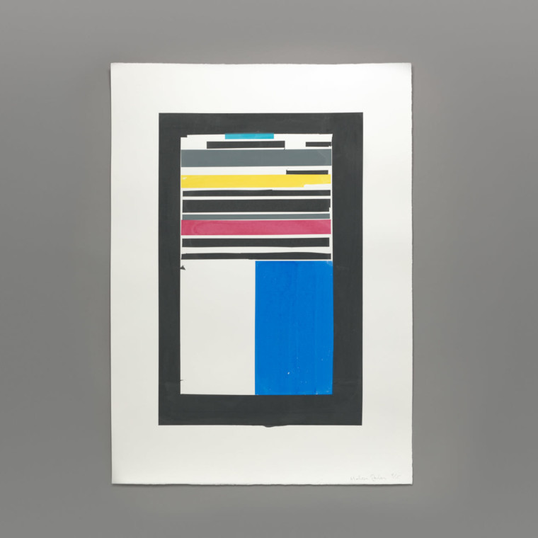 A rectangle with various rectangles of colours and sizes ordered within it. From the top there are horizontal strips of aqua, white, black, grey, yellow, and pink and halfway down there is a vertical strip of white and royal blue.