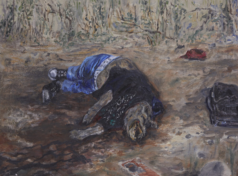 An oil painting of a pig carcass which appears to be wearing human clothes.