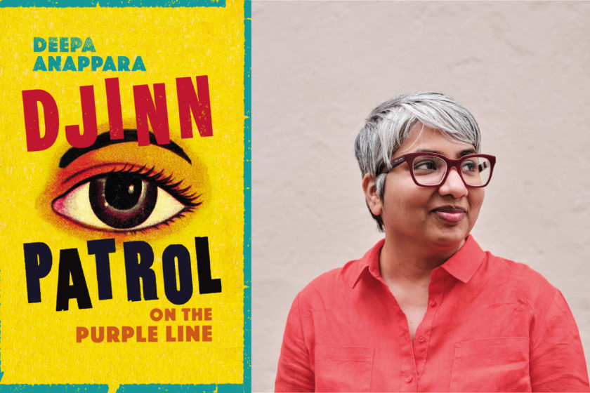 Composite image. On the left is Djinn Patrol on the Purple Line book cover. On the right is a portrait of Deepa Anappara, wearing a red shirt and maroon glasses, looking off to the right of the image