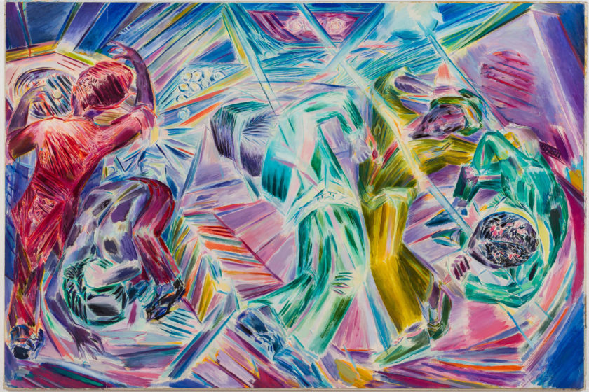 A very colourful, dynamic painting depicting people dancing, viewed from various angles and performing different shapes with their bodies. Surrounding the figures are abstracted shapes and lines in various colours, suggesting disco lights.