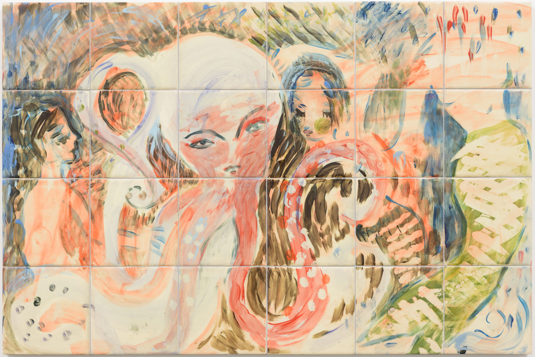 A painting on a grid of tiles, six across and four down. The image uses watery pinks, blues, browns, greens and greys to depict a dreamy and abstract scene of women and sea creatures