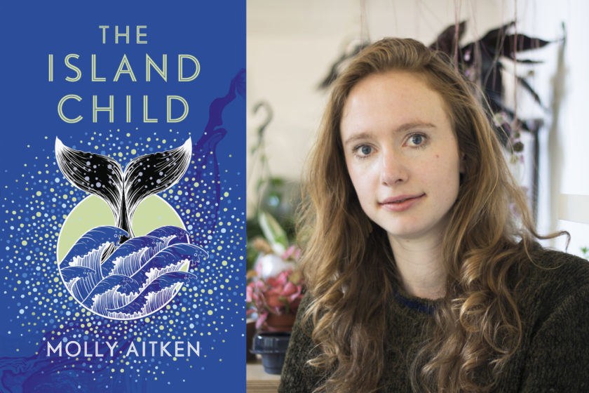 Author Molly Aitken is placed next to the cover of her book The Island Child