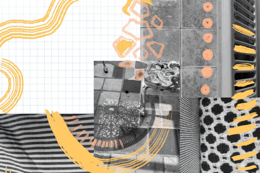 A detailed collage with overlaid black and white photocopies and pattersn, with hand drawn orange shapes and wavy and curved lines.