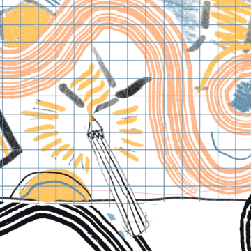 An illustration of a pencil drawing abstract shapes on a sheet of paper