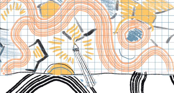 An illustration of a pencil drawing abstract shapes on a sheet of paper