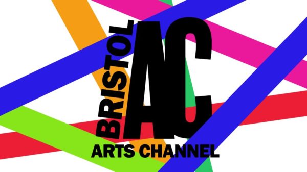 bristol arts channel black logo with multi coloured stripes in the background