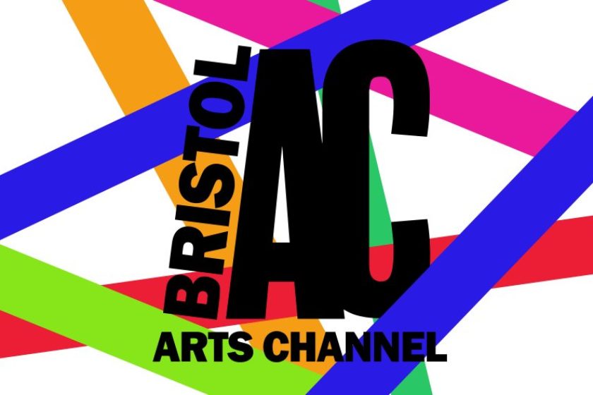 bristol arts channel black logo with multi coloured stripes in the background