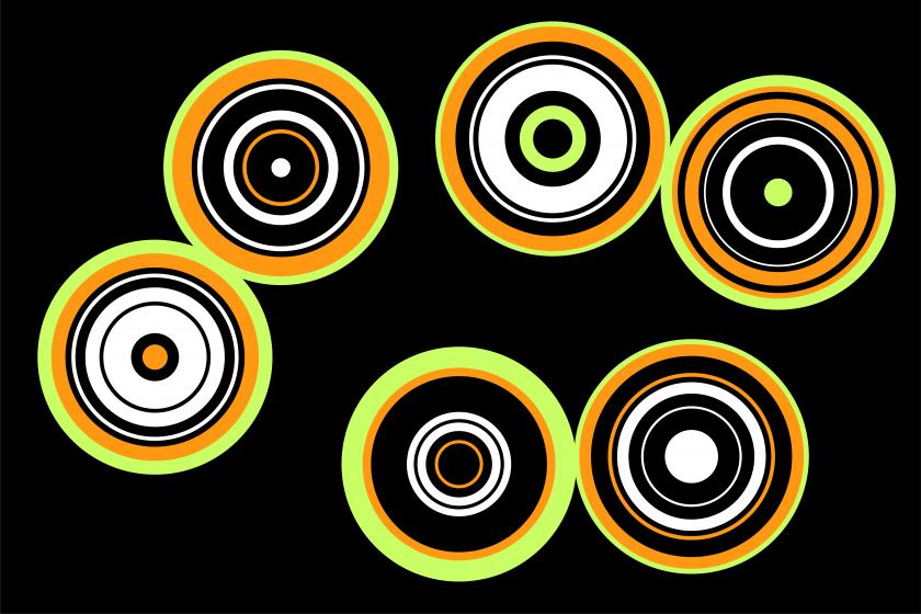 Graphic image featuring a range of circles in yellows oranges and white, against a black background