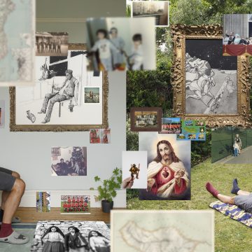 An composite artwork by Cliff Andrade featuring a range of disparate images including family photographs, an image of Jesus Christ, pencil sketches and trees.