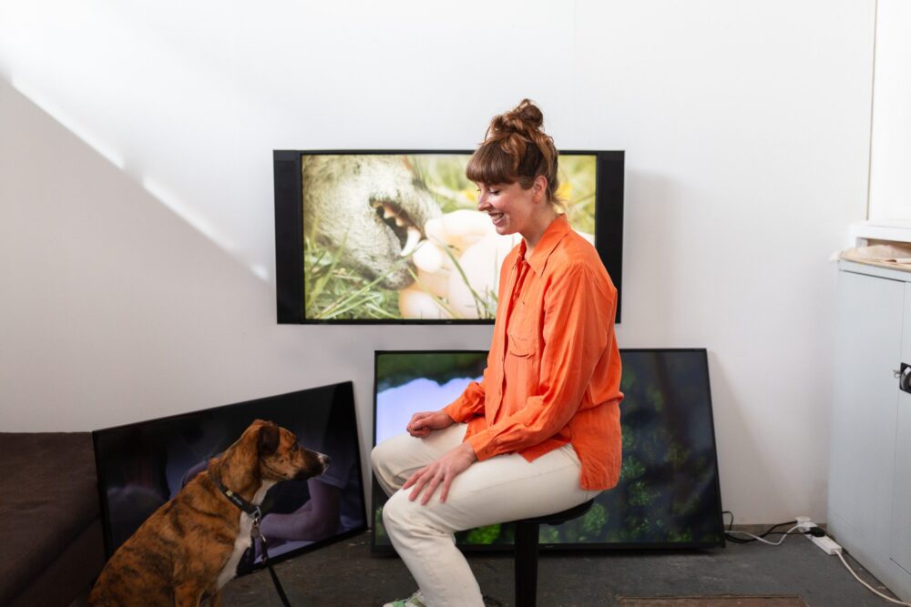 Bryony and Nell in her studio at spike island, 2024, photo by Lisa Whiting.