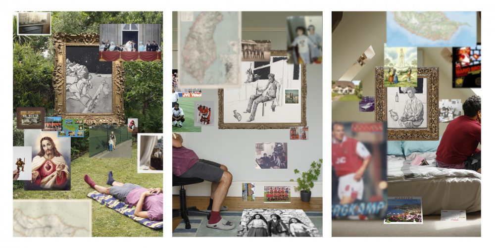 Cliff Andrade, A triptych of works, each containing multiple collaged and photographed elements including disembodied portraits of the artist, ecclesiastical imagery, sketches, out-of-focus family images, and pictures of footballers