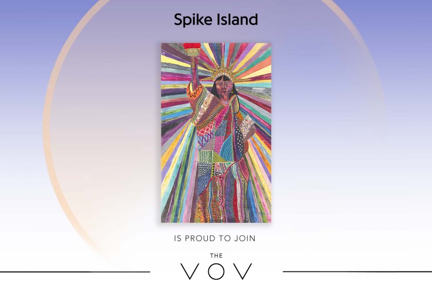 An image of Pacita Abad's artwork L.A. Liberty, a depiction of the statue of liberty as a woman of colour standing against a vibrant coloured background. Behind the artwork is a simple pale purple background with the Spike Island and The Vov logos in black.