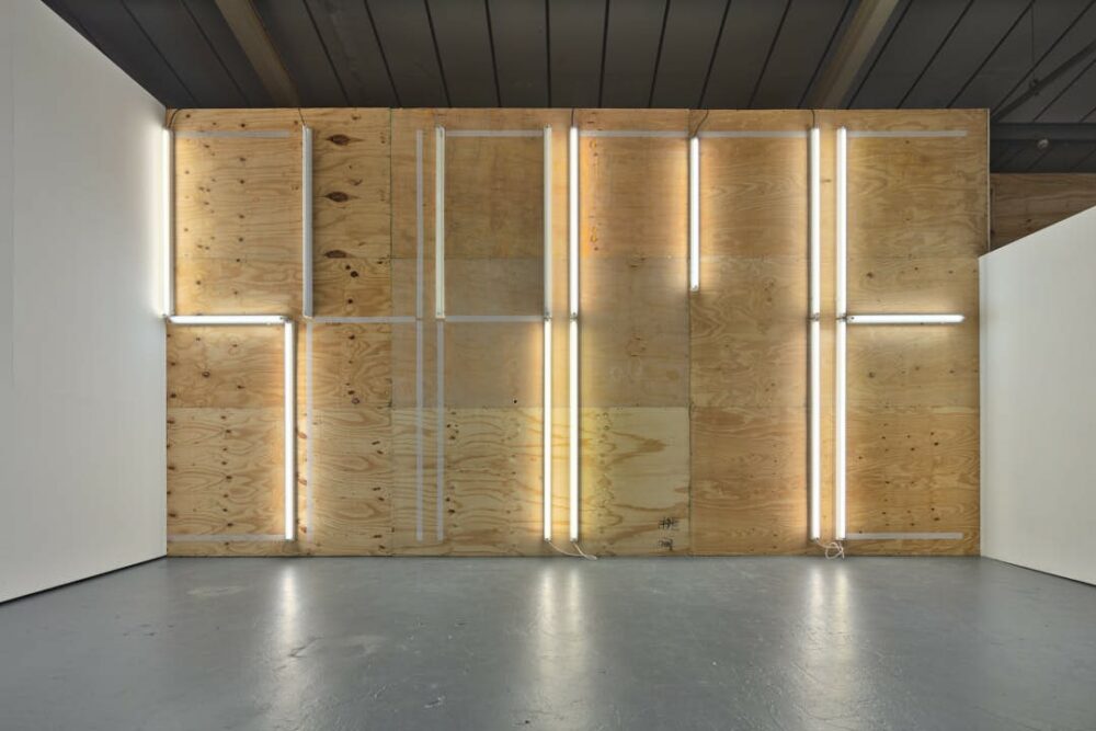 Natasha MacVoy, SHAME (2019), All the strip lights in the gallery (working and not) and white packing tape. Photograph by Max McClure