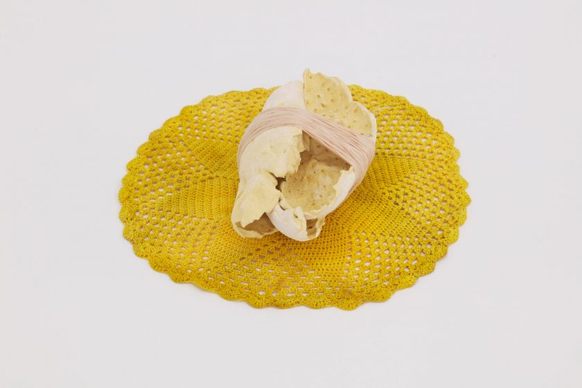 Veronica Ryan, Untitled (2020) Crocheted doily, plaster, fabric cord