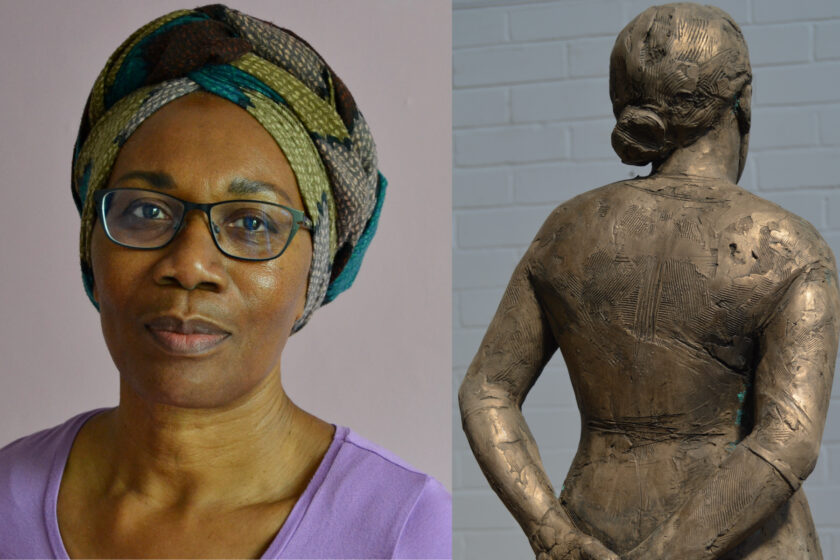 A composite image of two pictures. One is a portrait of Valda Jackson, a black woman wearing a purple top, a colourful headscarf and glasses with green rims. On the right is a detail of one of Valda’s artworks, a bronze female figure, shot from the back.