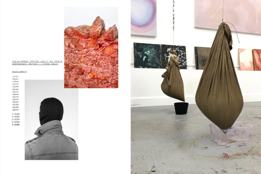 From left to right. To the left, a digital collage featuring an image of a person with their back to the camera, wearing a black balaclava and a green jacket, overlayed with some text and an image of red rocks. To the right, an image of an exhibition space with two full brown sacks hanging from the ceiling, over a messy grey floor, and a range of colourful abstract paintings on the walls.