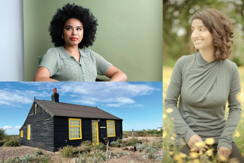 From top left, an image of Tako Taal, a woman with black skin and a black afro sat on a chair in a grey button blouse. To the right is an image of Suzanne Dhaliwal, a woman with brown skin and brown wispy hair. She is sat in a field of grass and yellow buttercups smiling away from the camera. She is wearing a grey long-sleeved top. The bottom left is an image of a black cottage with yellow windows and a yellow door.