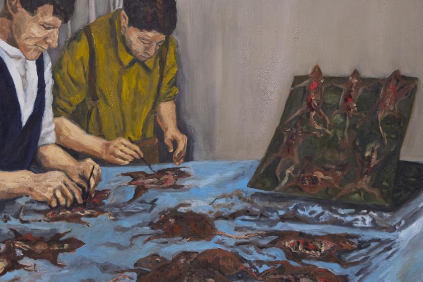 Candice Lin, Sorting the Rats (2020) oil paint, encaustic wax, and lard on wood panel