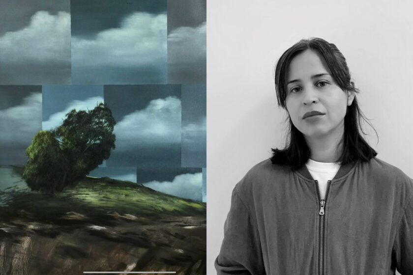 A dual image. On the left, a landscape painting in dark blues and greens, and on the right, a black and white photo of a mexican woman with shoulder length dark hair, wearing a white tshirt and dark jacket.