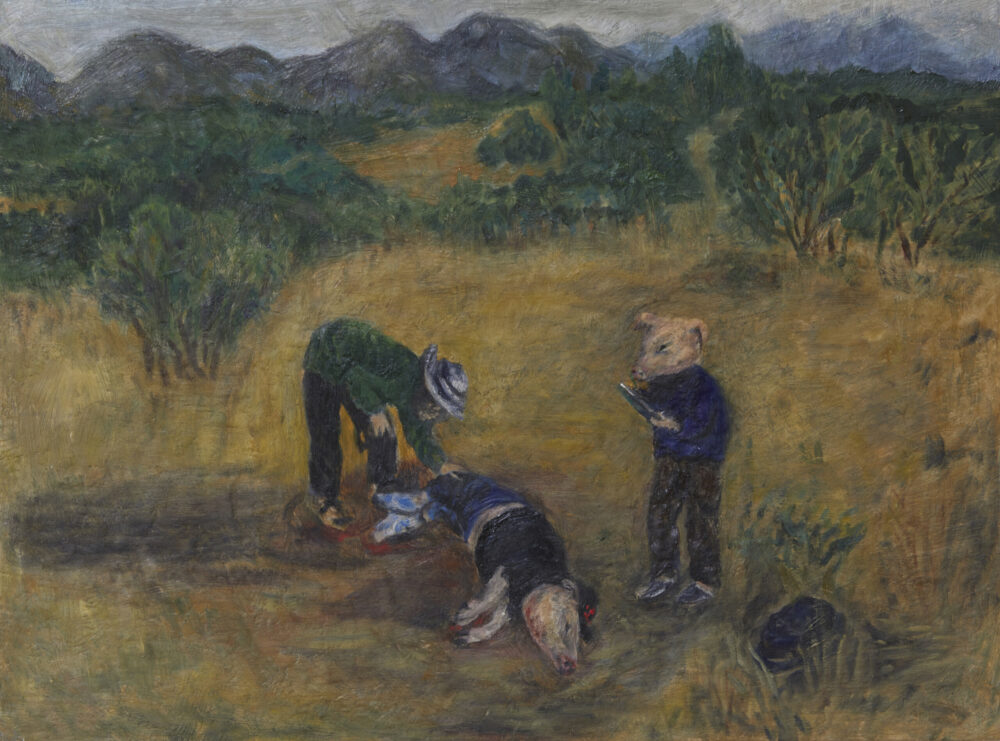 An oil painting of three characters in an arid desert landscape. One has a pigs heads and humans body and is carrying a clipboard. One person is bent over inspecting the third character - a pig dressed in human clothes on the floor.