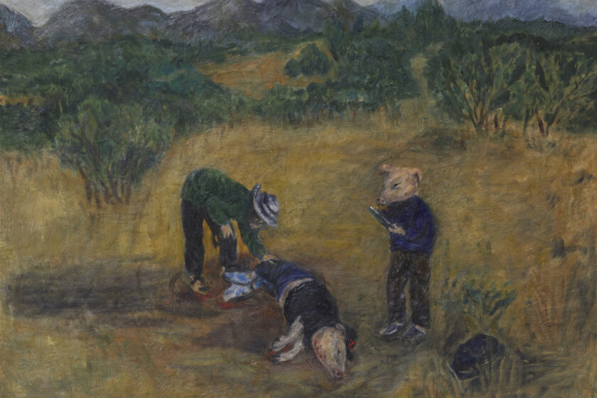 An oil painting of three characters in an arid desert landscape. One has a pigs heads and humans body and is carrying a clipboard. One person is bent over inspecting the third character - a pig dressed in human clothes on the floor.