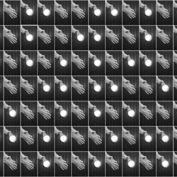 A collection of repeated photographs black and white photographs, alternating between a photograph of a torch and a hand covering the torch, spelling out morse code.