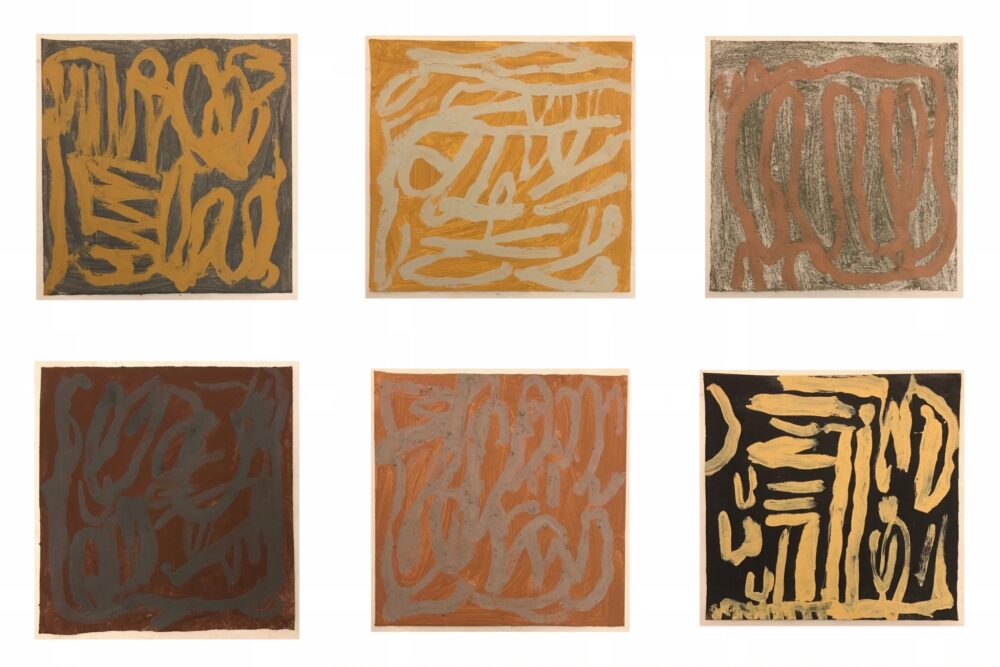 A photo of 6 square artworks featuring various shades of brown and black abstract designs, on a white background.