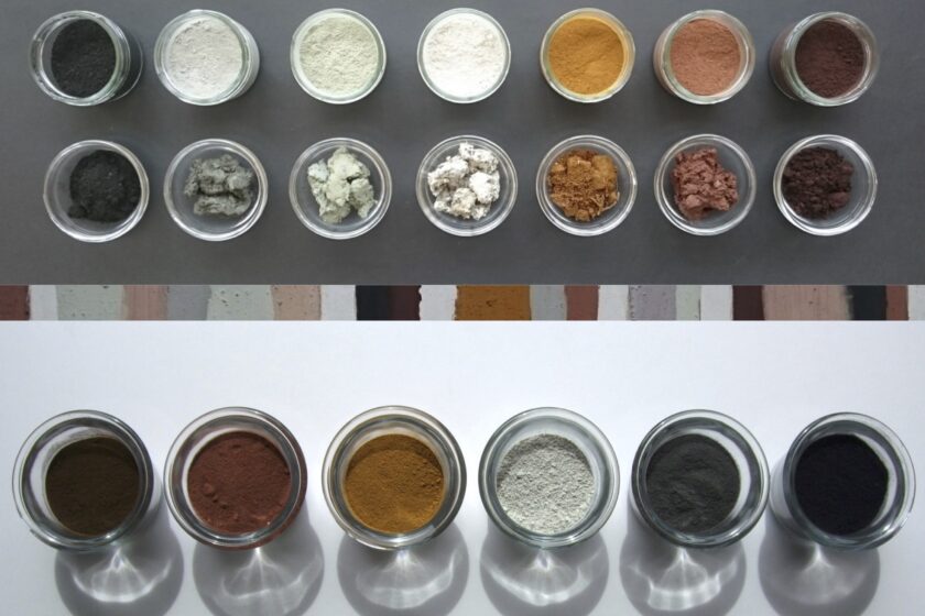 An image split horizontally into two halves, featuring a birds eye view of pots of natural pigments in a range of colours.