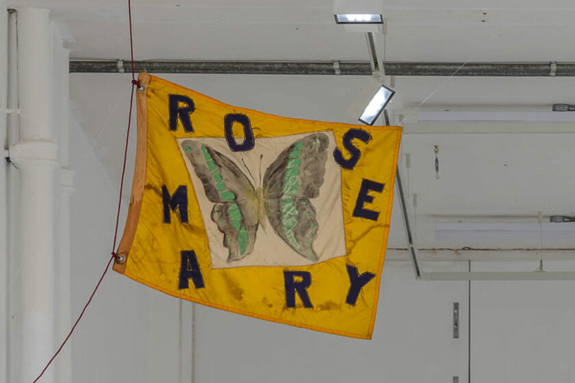 Rosemary Mayer's flag hanging from the ceiling in Spike Island's galleries