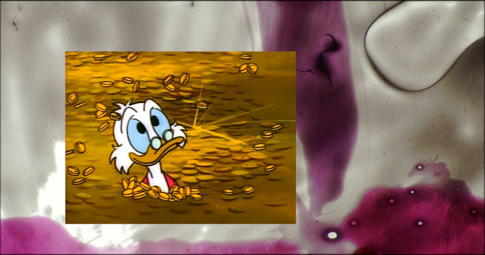 Image of cartoon character Scrooge McDuck bathing in gold coins on top of an image of pigmented liquid.