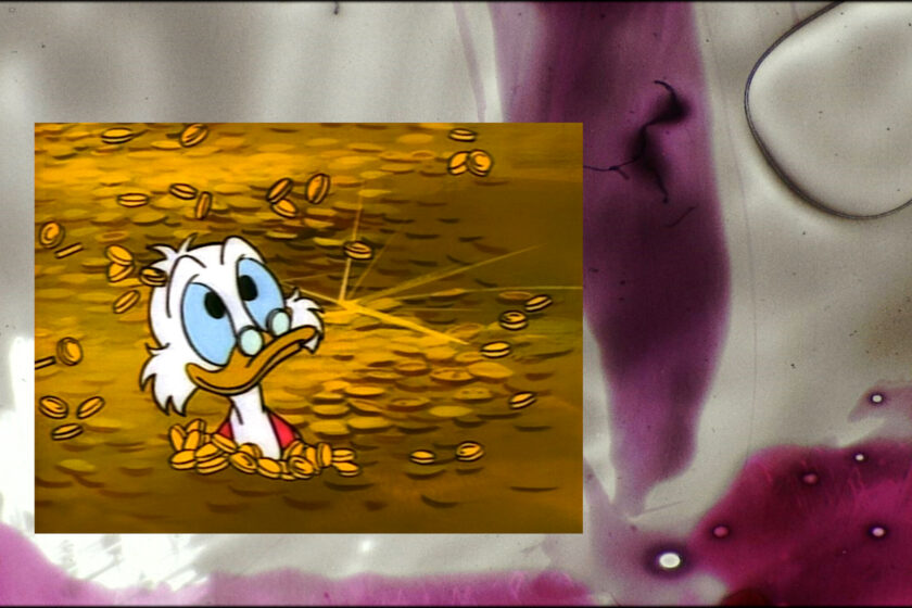 Image of cartoon character Scrooge McDuck bathing in gold coins on top of an image of pigmented liquid.