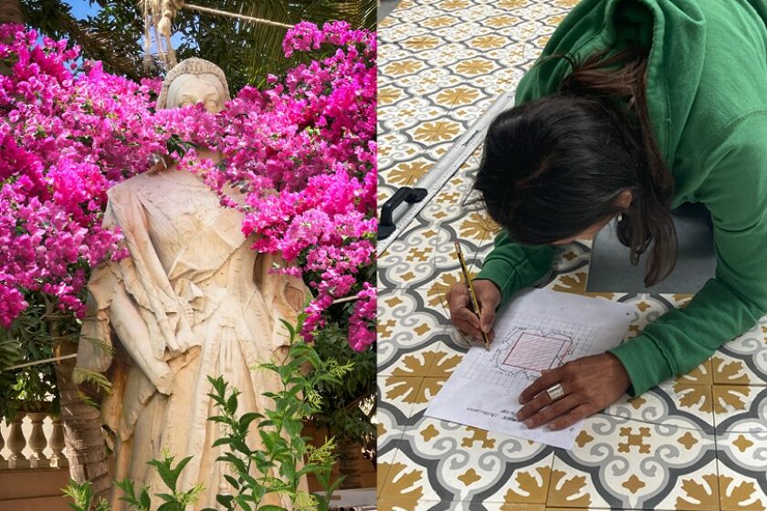 A composite of two images: one of the artist kneeling on a tiled floor to draw on a piece of paper and the other of a historical statue of a female figure outdoors, obscured by plants and pink flowers.