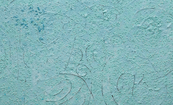 Close up of a light blue painting by Howardena Pindell