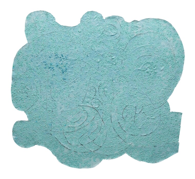 A light blue textured painting with layered materials by artist Howardena Pindell.