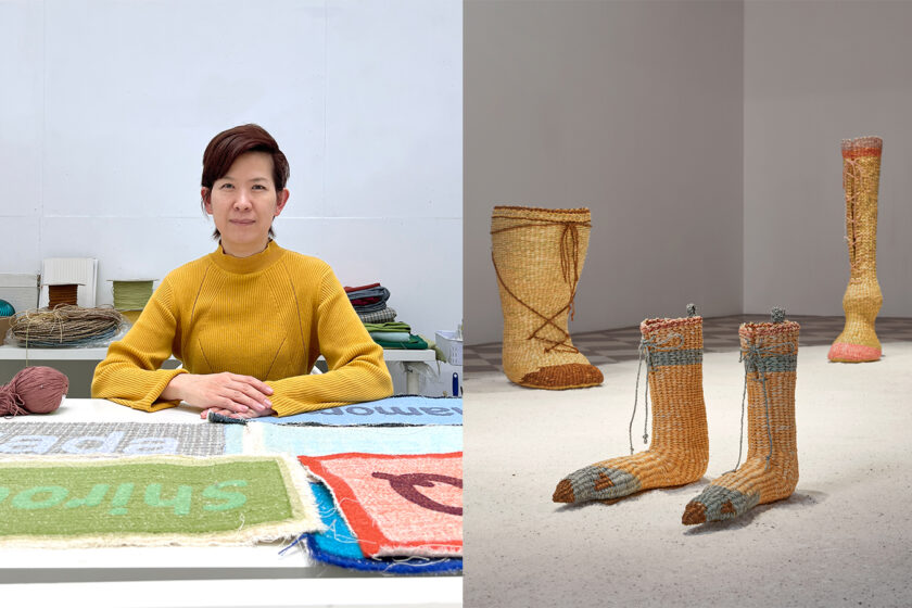 Left: Young In Hong in her studio. Right: Installation view of Young In Hong's Ring of Animals (2023), straw woven animal shoes.