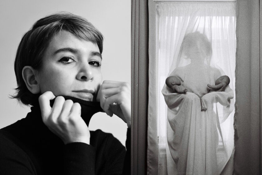 A composite of two images: on the left, a headshot of the artist and, on the right, a woman covered by the curtain standing with her back against a window and holding a baby on each arm.