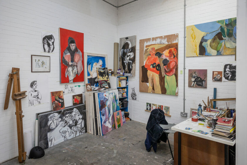 Artist Rosie Bayliss' studio featuring a selection of her paintings