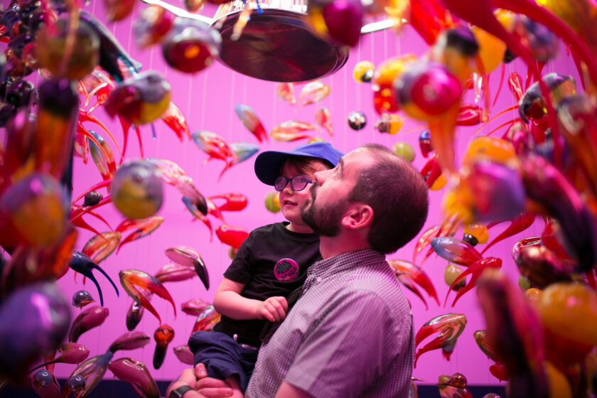 Alex Cecchetti, Singing Chandelier (2018) 1000 unique blown glass pieces, waterphone, iron structure. Installation view: At the Gates of the Music Palace, Spike Island, Bristol. Photograph by Lisa Whiting