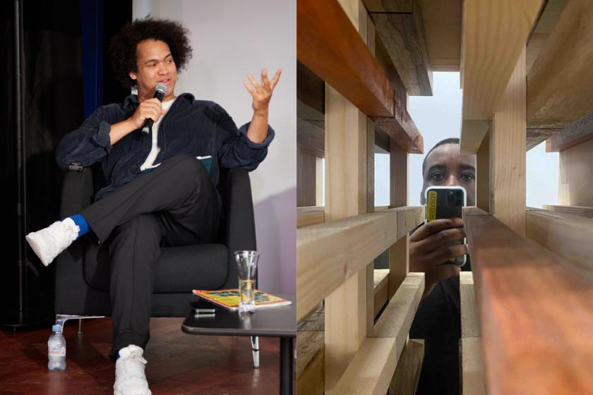 Left: Cedric Fauq sits on a black chair on a stage. He holds a microphone, and is smiling as he speaks. Right: Olu Ogunnaike taking a photograph of himself through the gaps in a wooden structure. There are planks of wood in front of the camera, behind which we see him holding his phone and looking into the lens.