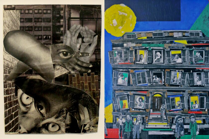 A split image with a black and white collage artwork by artist Donald Rodney on the left, and a colourful collage work by artist Oshii on the right