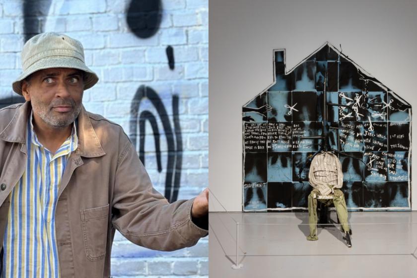 Composite image of BSL facilitator Martin Glover and Donald Rodney, 'Visceral Canker' (2024). Installation view at Spike Island